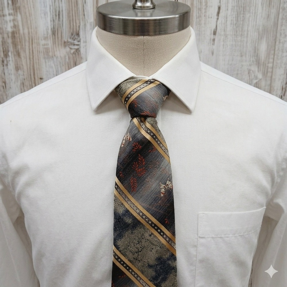 Damon Vintage Mens Tie Grey Gold Orange Abstract Stripe Butterfly Floral Retro